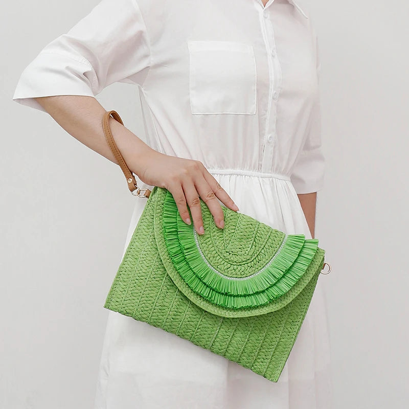 Women’s Woven Straw Clutch with Wrist Strap