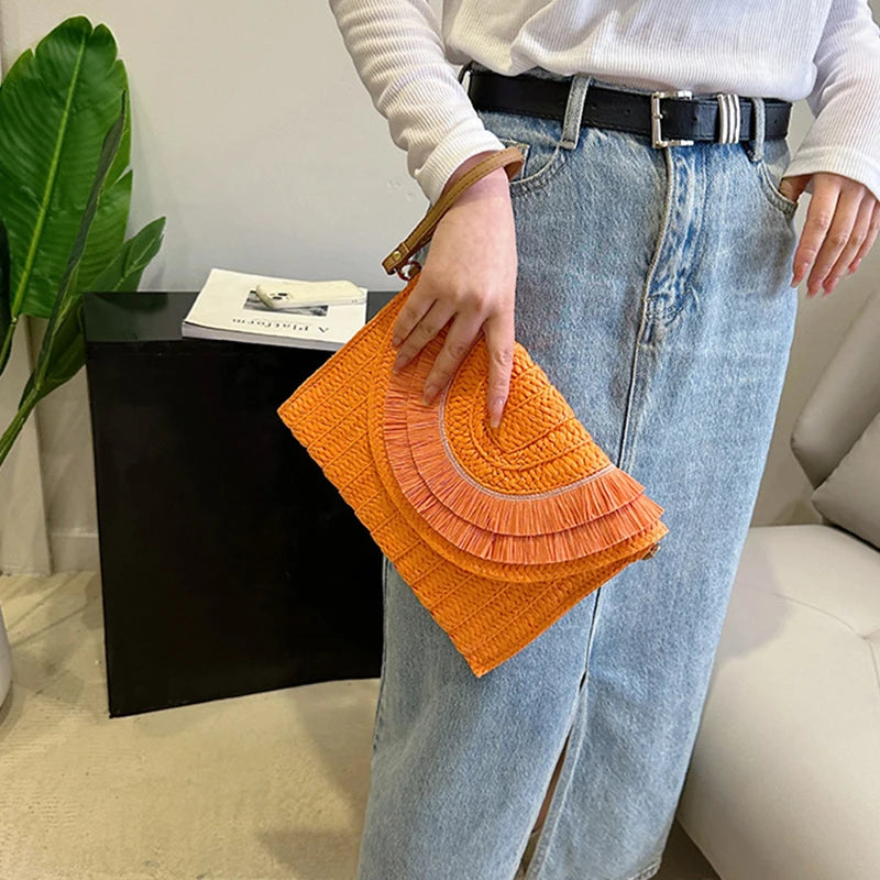 Women’s Woven Straw Clutch with Wrist Strap