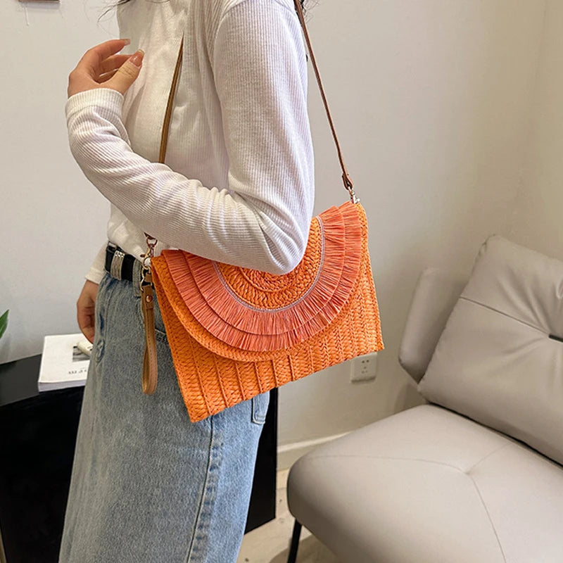 Women’s Woven Straw Clutch with Wrist Strap