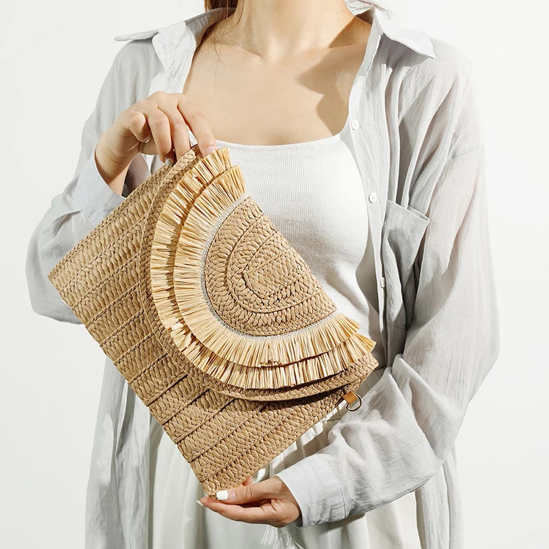 Women’s Woven Straw Clutch with Wrist Strap